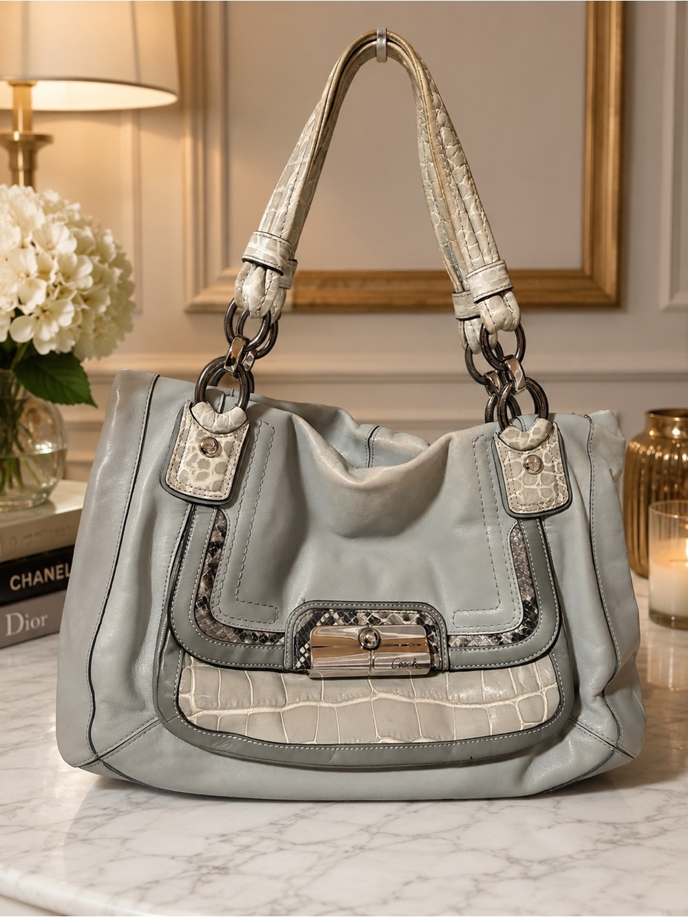 Light Gray Leather Shoulder Bag - Unknown Brand